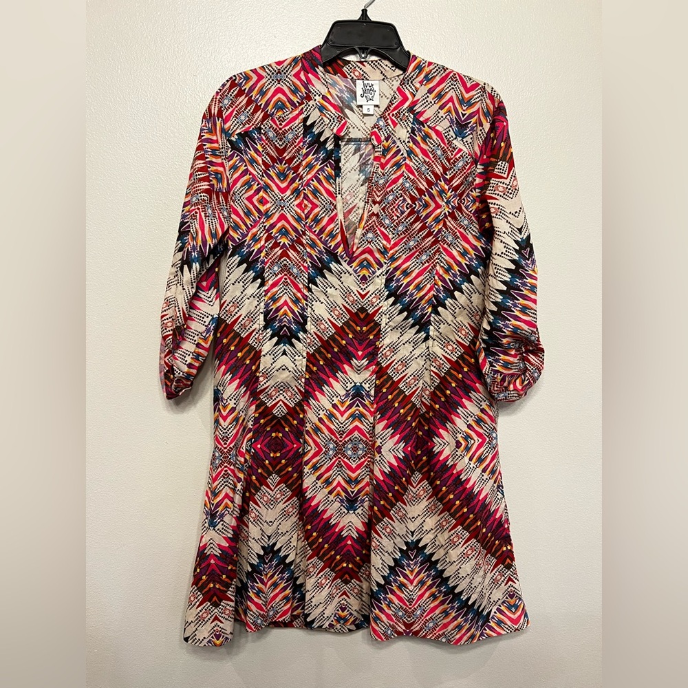 Ivy Jane Multicolor Geometric Boho Print Three Quarter Sleeves Dress Size Small